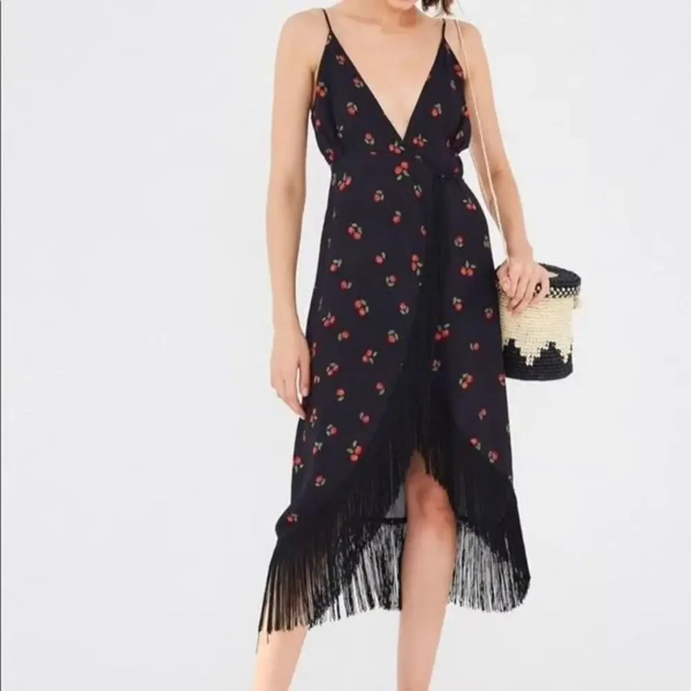 FARM Rio Black Pitanga Fringe Wrap Midi Cherry Dress Strappy Beaded Size M
